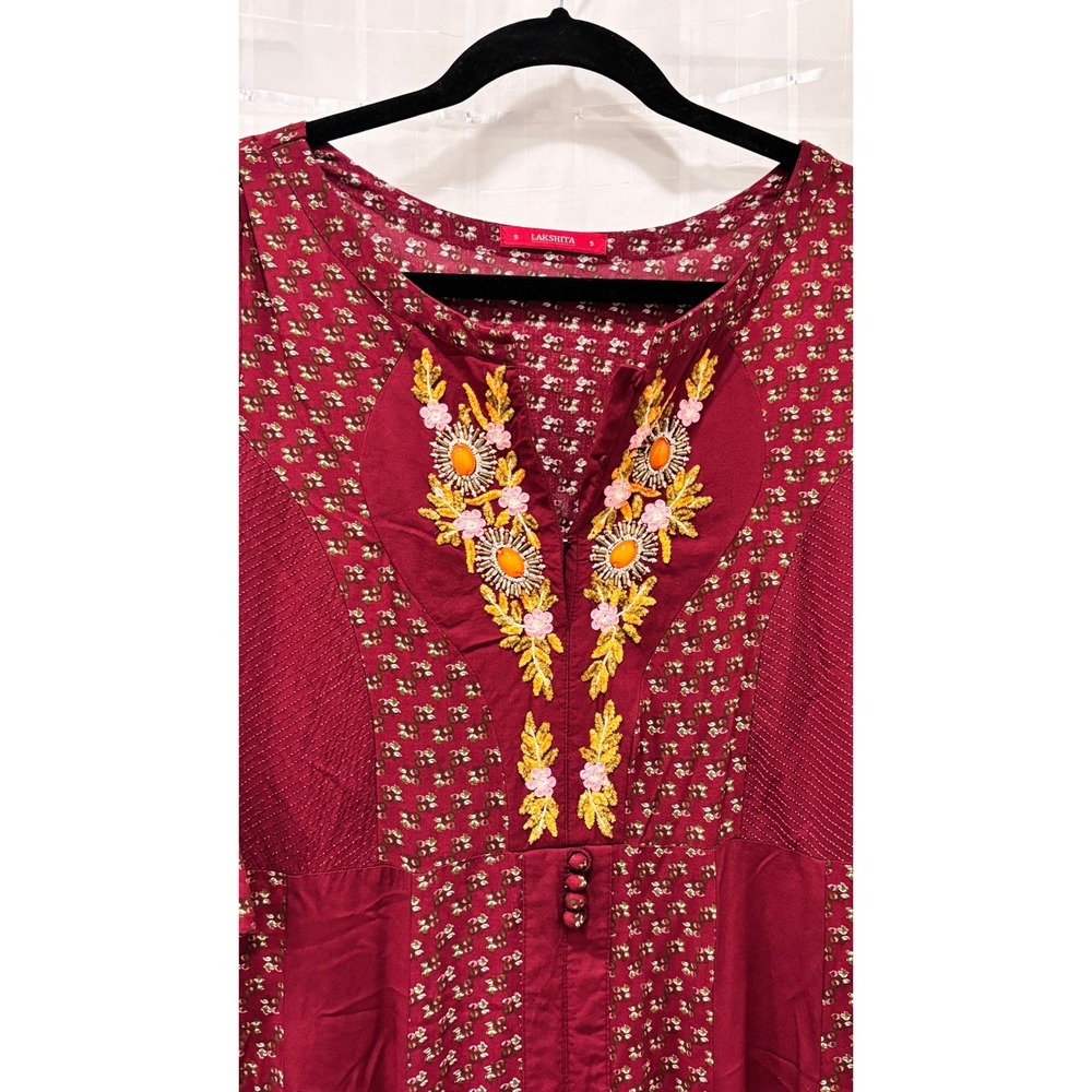 Lakshita Womens Maroon Embroidered Rayon Anarkali Maxi Dress Size S Burgundy - Picture 3 of 9